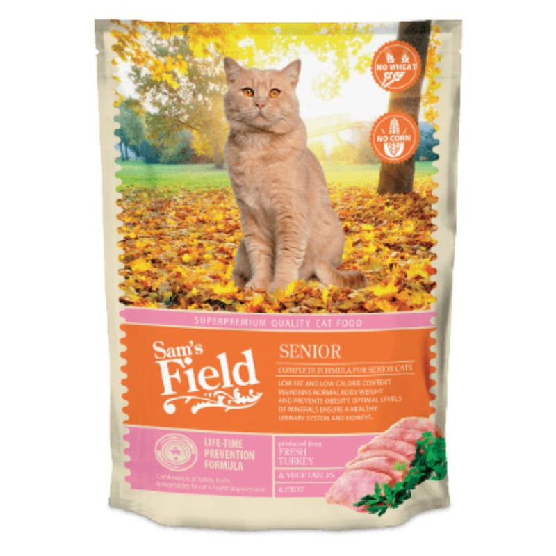 Пълноценна суха храна Sam’s Field Cat Senior за възрастни котки, с 35% пуешко, 15% свежо пилешко, плодове и зеленчуци 0.400 кг.