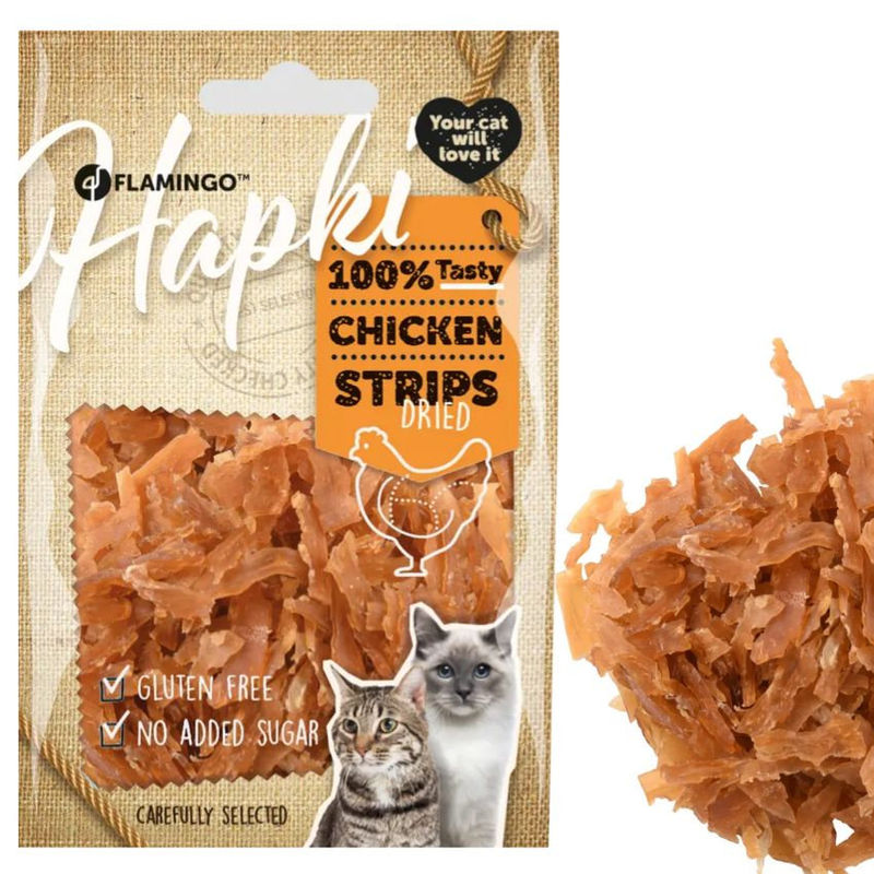 Лакомства за котки Flamingo Hapki Chicken strips изсушени пилешки ленти 50 гр.