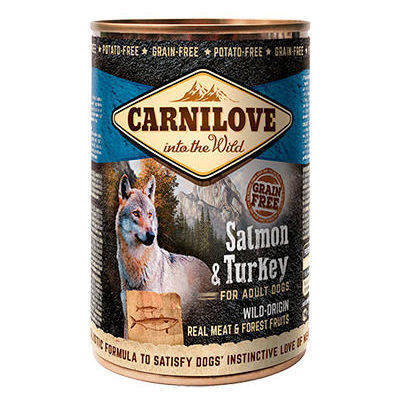 Пълноценна консервирана храна за кучета Carnilove Wild Meat Salmon & Turkey for Adult с 47% пуешко и 20% сьомга, БЕЗ ЗЪРНЕНИ КУЛТУРИ 0.400кг.