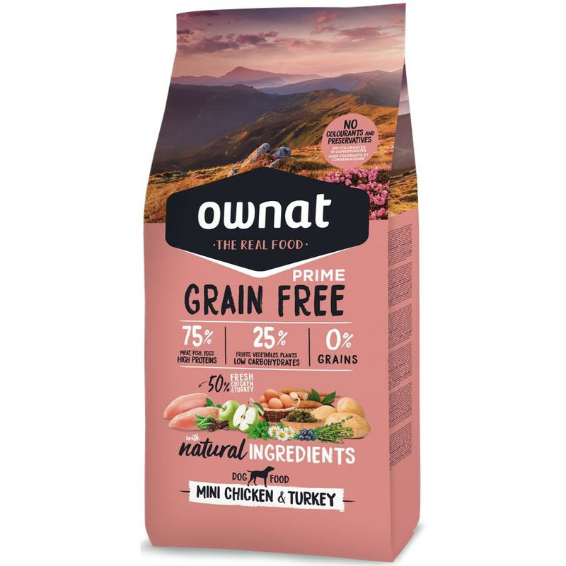 Натурална суха храна Ownat Grain Free PRIME MINI CHICKEN & TURKEY  – БЕЗ зърнени култури, с 75% качествено месо, пиле и пуйка, за пораснали кучета от малките породи 3 кг.