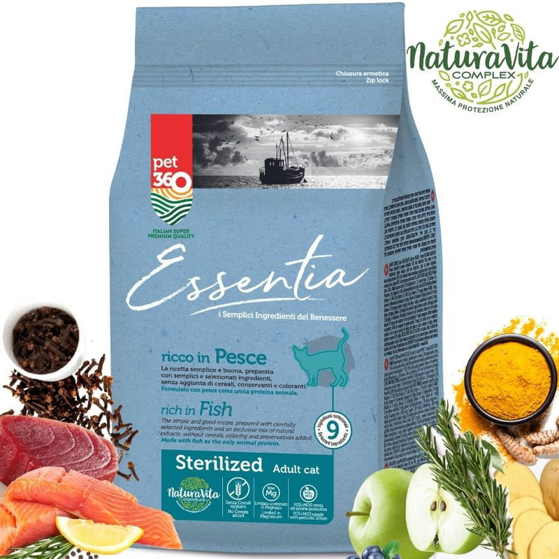 Супер премиум храна за котки Essentia STERILIZED, БЕЗ ЗЪРНО, 81% протеин от прясна сьомга и риба тон + куркума и розмарин, за кастрирани котки 0.300 кг. 2