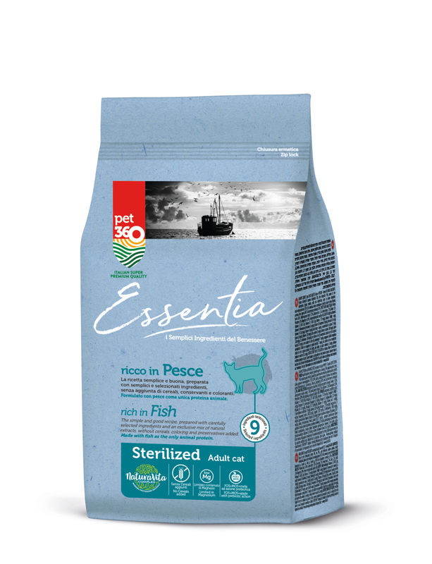 Супер премиум храна за котки Essentia STERILIZED, БЕЗ ЗЪРНО, 81% протеин от прясна сьомга и риба тон + куркума и розмарин, за кастрирани котки 0.300 кг.