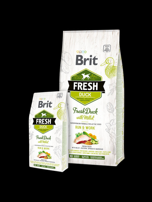 Холистична суха храна Brit Fresh Duck with Millet Adult Run & Work за активни кучета от всички породи, с прясно патешко месо, тиквички и спанак 12 кг. 2