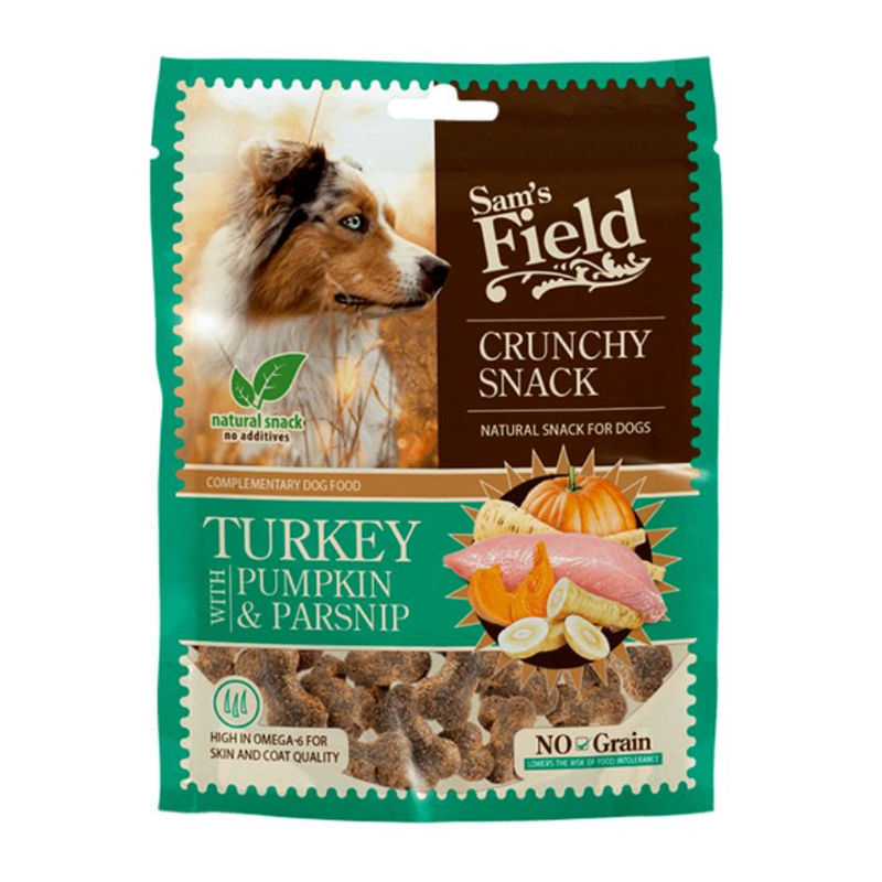 Натурален хрупкав снакс Sam’s Field Crunchy Cracker Turkey with pumpkin с 35% пуешко месо, тиква и пащърнак, БЕЗ зърнени култури 0.200 кг.