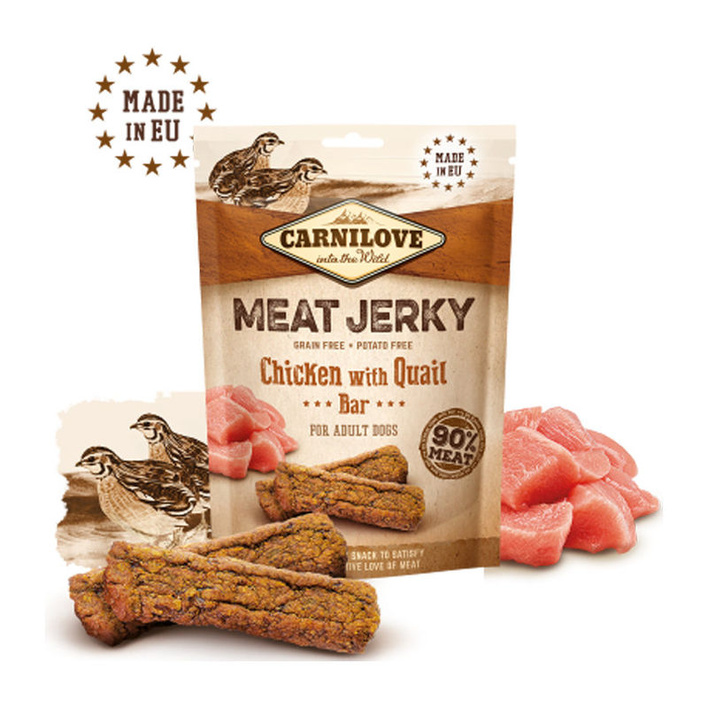Carnilove Jerky Quail & Chicken Bar – кучешки лакомства под формата на вкусни барчета, с пилешко и пъдпъдък