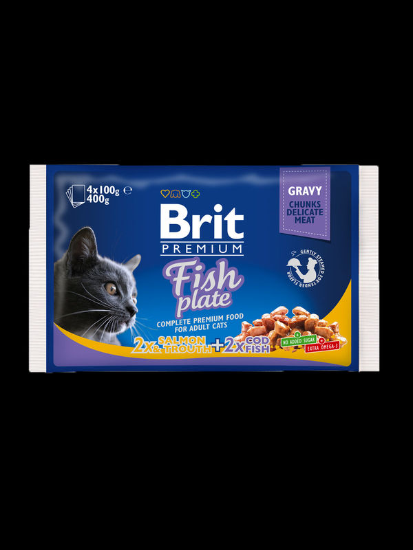 Brit Premium Cat Pouches Fish Plate – паучове за котка хапки със сьомга и риба треска в сос грейви 4 x 100 грама 0.400 кг.