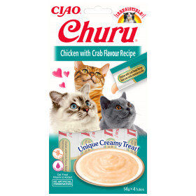 Кремообразно лакомство за капризни котки Churu Cat Treats Chicken with Crab Flavour Recipe мус от пилешко месо и раци 4×14гр.