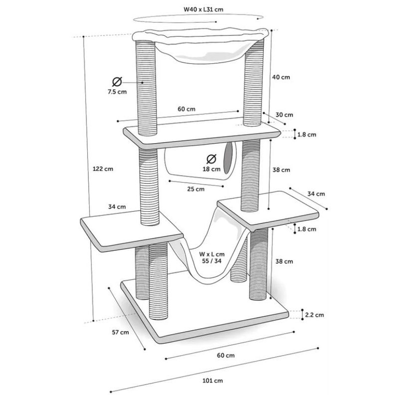Катерушка за котки с 8 драскалки, 2 хамака и тунел Flamingo SCRATCHING TREE HAMZA BLACK & GREY 60x57x122CM Черен 2