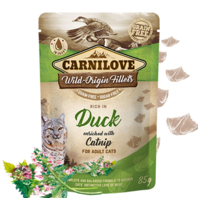 Натурална, мокра храна за котки Carnilove CAT POUCH rich in Duck with catnip със 71% пилешко месо, 14% пуешко, обогатена с котешка трева ,БЕЗ зърнени култури 85 гр.
