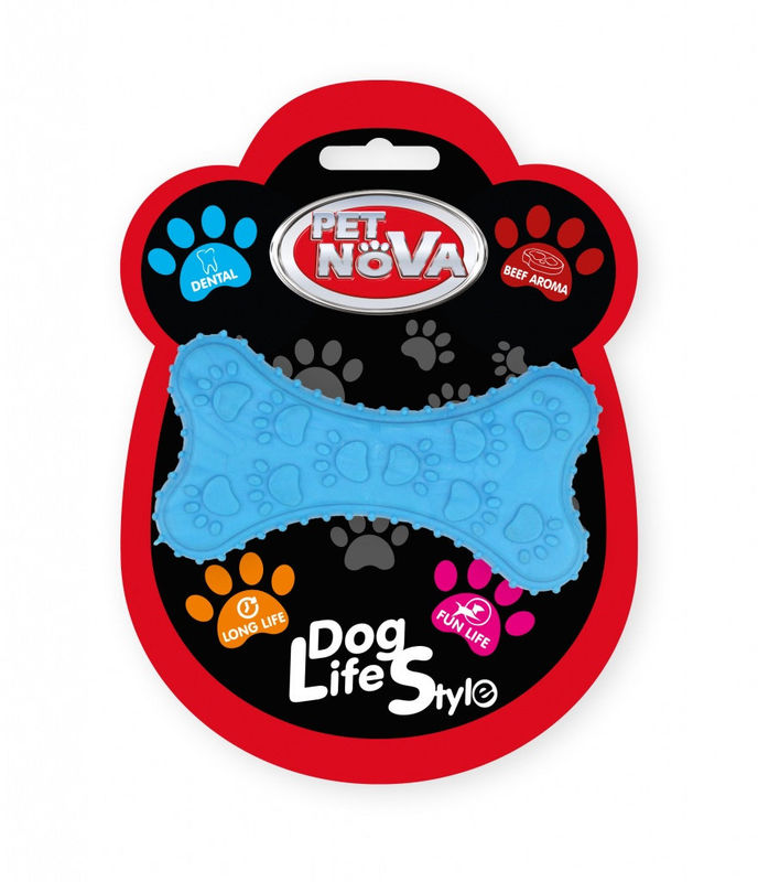 Дентална, гумена играчка за кучета PET NOVA кокал с аромат на телешко 10.5 см. син