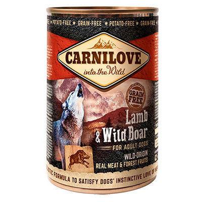 Пълноценна консервирана храна за кучета Carnilove Wild Meat Lamb & Wild Boar с 35% агнешко и 32% глиганско, БЕЗ ЗЪРНЕНИ КУЛТУРИ 0.400кг.
