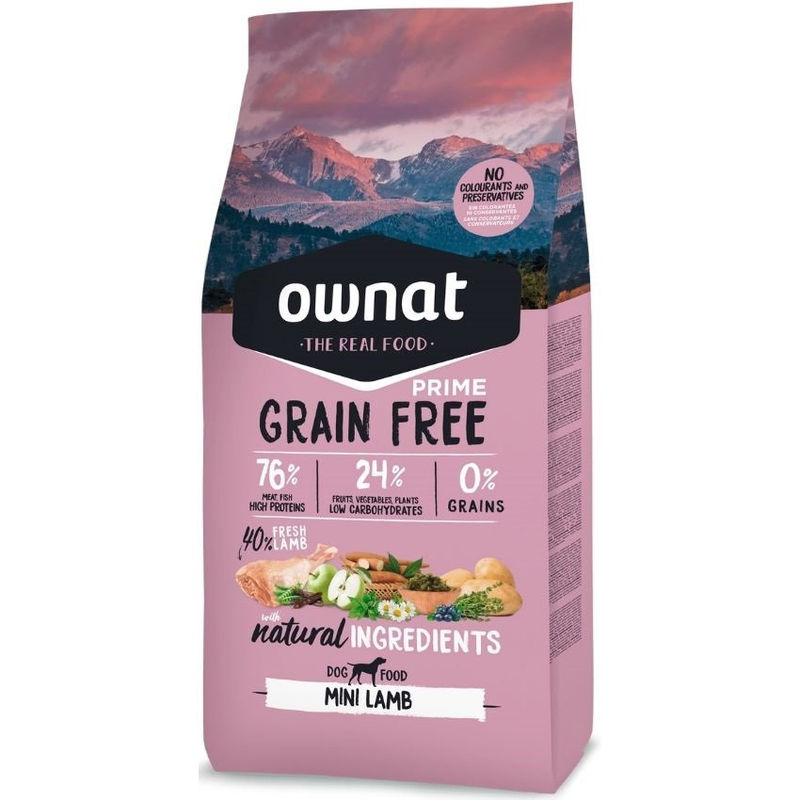 Натурална суха храна за малки породи Ownat Grain Free Prime MINI ADULT LAMB – БЕЗ зърнени култури, с 76% качествено агнешко месо 3 кг.