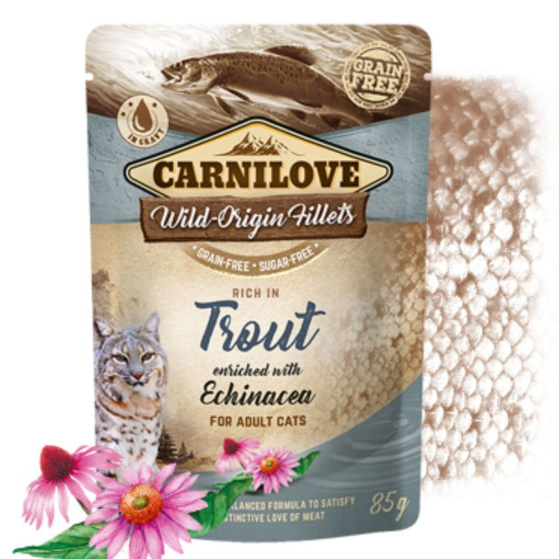 Натурална, мокра храна за котки Carnilove CAT POUCH rich in Trout enriched with Echinacea със 71% пилешко месо, 14% пъстърва, обогатена с ехинацея, БЕЗ зърнени култури 85 гр.