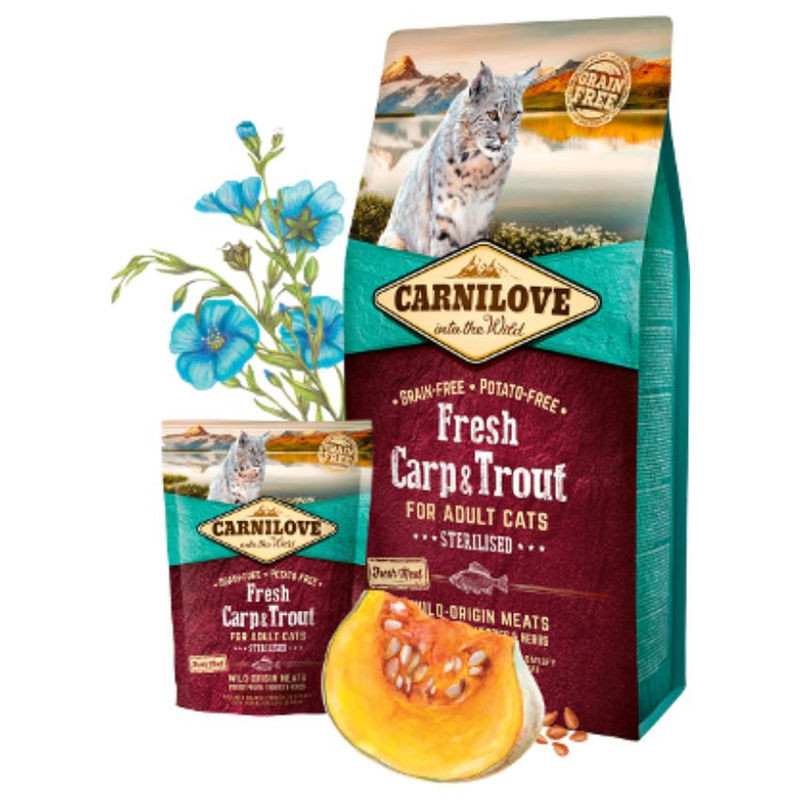 Натурална суха храна с прясно месо за кастрирани котки Carnilove Fresh Carp & Trout Sterilised for adult cats със 25% пресен шаран и 20% пъстърва, БЕЗ ЗЪРНЕНИ КУЛТУРИ 6 кг.