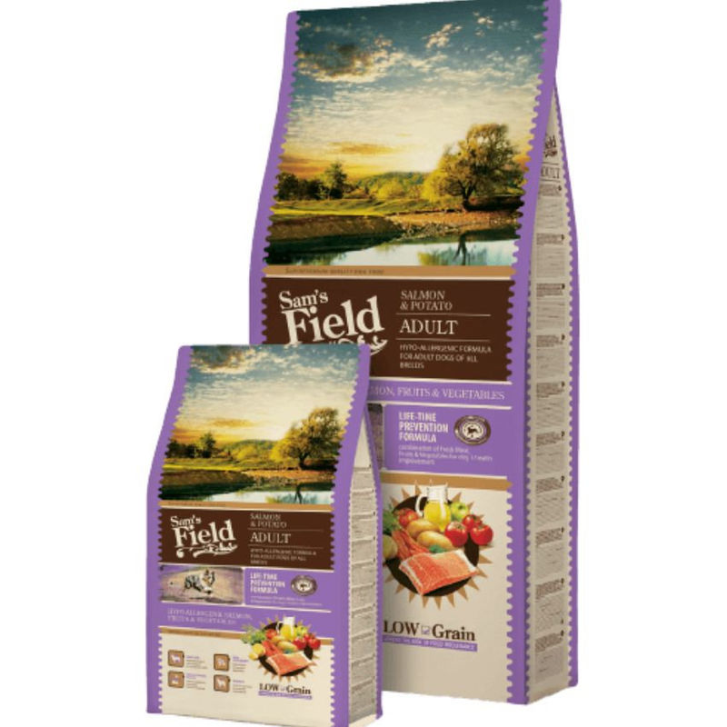 Пълноценна, хипоалергенна суха храна за кучета Sam’s Field Dog HYPOALERGENIC Salmon & Potato ADULT със сьомга и картофи, за кучета от всички породи 13 кг.