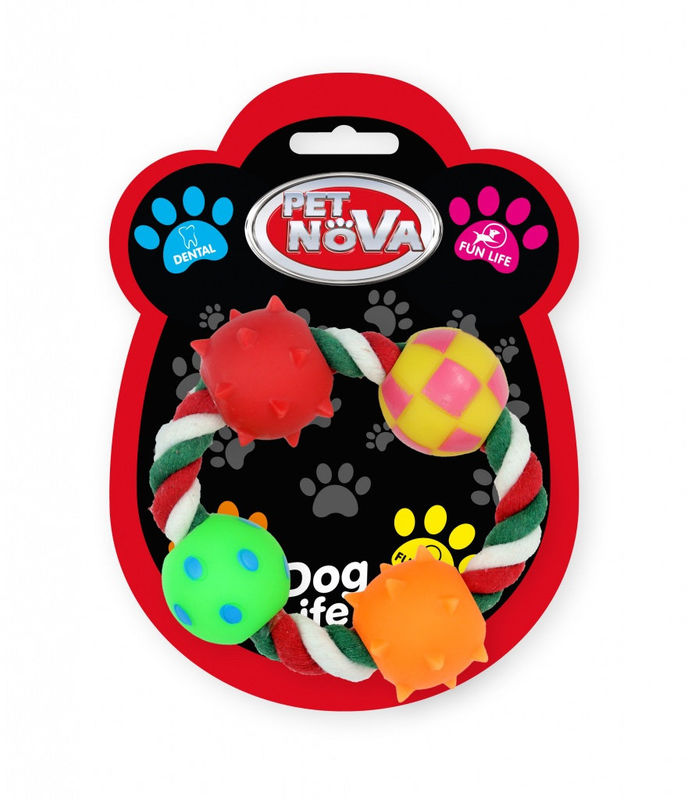 Плетено въже PET NOVA с 4 гумени топки за почистване на зъби микс