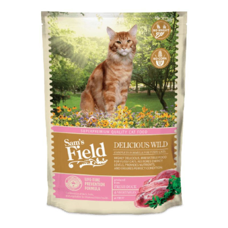 Пълноценна суха храна SAM’S FIELD Cat Adult Delicious wild за капризни котки с 35% патешко,15% свежо пилешко и зеленчуци, БЕЗ зърнени култури 0.400 кг.