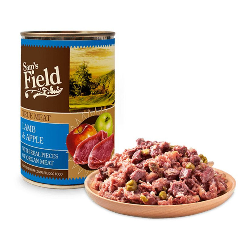 Натурална консервирана храна за кучета Sam’s Field DOG True Meat Lamb & Apple с късчета от 60% прясно агнешко месо и ябълка 0.400 кг.
