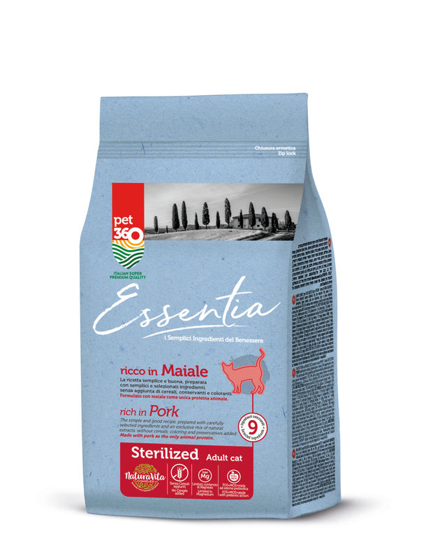 Супер премиум храна за котки Essentia STERILIZED, БЕЗ ЗЪРНО, с 86% протеин от пряснo свинско месо + куркума и розмарин, за кастрирани котки 7.5 кг.