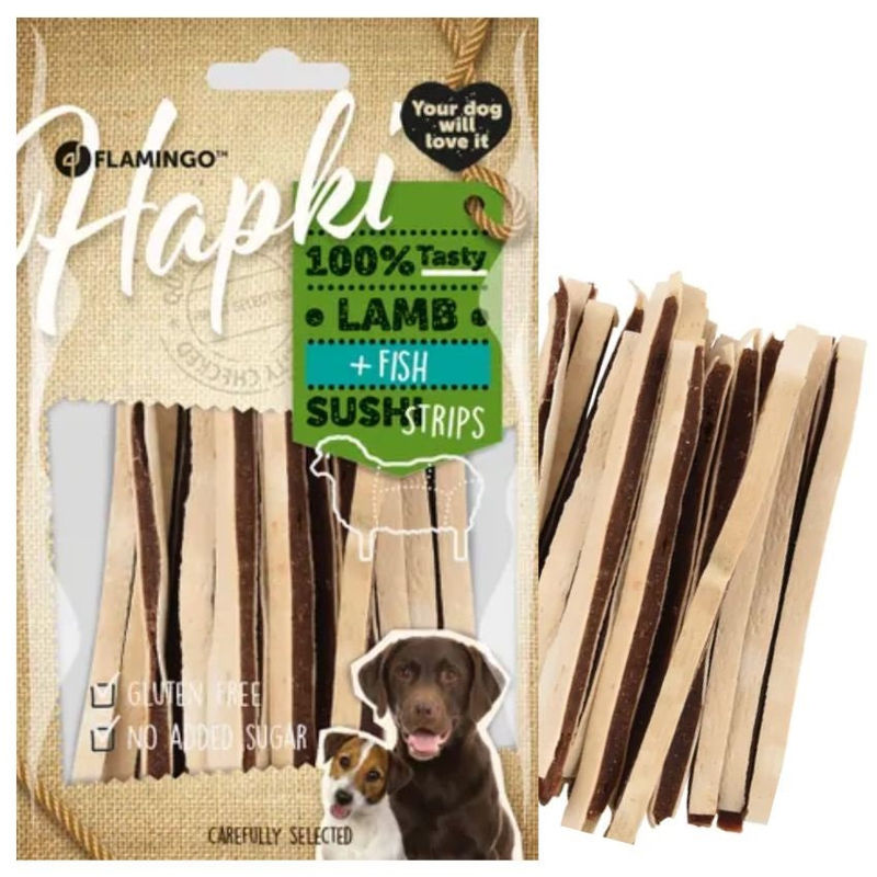 Лакомство за кучета Flamingo HAPKI LAMB & FISH SUSHI STRIPS 85гр – суши ленти с риба и агне 85 гр.
