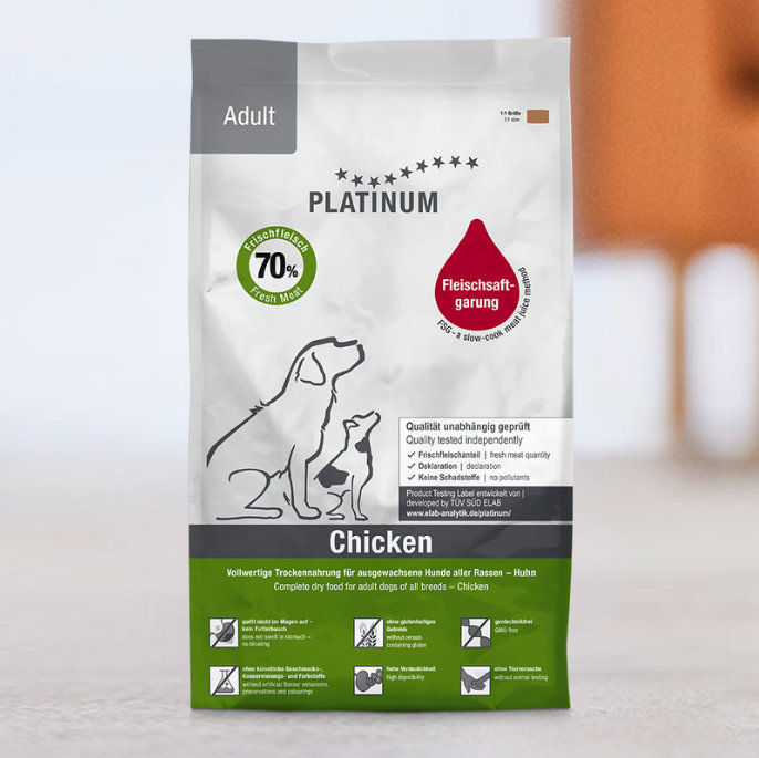 Супер премиум храна Platinum Adult Chicken – за кучета над 12 месеца, със 70% пилешко месо, годно за човешка консумация 1,5кг.