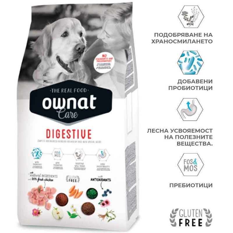 Профилактична храна за кучета Ownat Care Digestive БЕЗ ГЛУТЕН – за чувствителна храносмилателна система и храносмилателни смущения