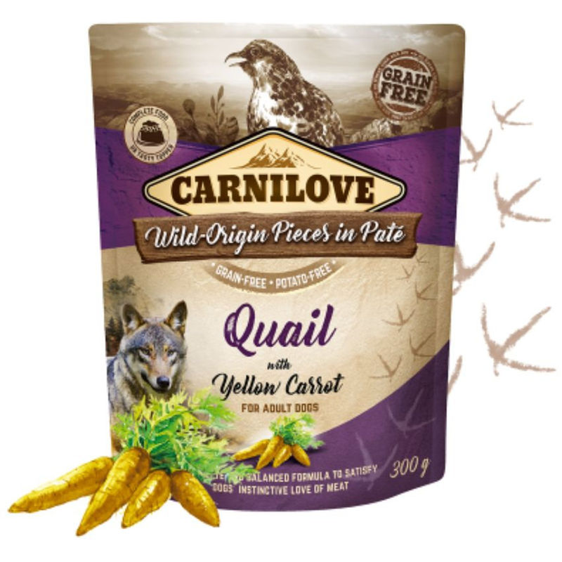 Натурална мокра храна за кучета Carnilove Dog Pouch Paté Quail with Yellow Carrots с Пъдпъдъче месо и жълт морков, БЕЗ ЗЪРНЕНИ КУЛТУРИ 0.300 кг.