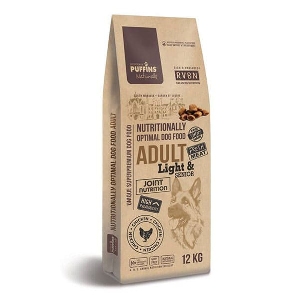 Супер премиум храна Puffins Light&Senior – за възрастни кучета, склонни към напълняване, със 76% прясно месо годно за човешка консумация 2 кг.