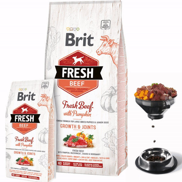Холистична суха храна Brit Fresh Beef with Pumpkin Puppy Large Bones & Joints за подрастващи кученца от големите породи, с прясно телешко месо и тиква 2.5 кг.
