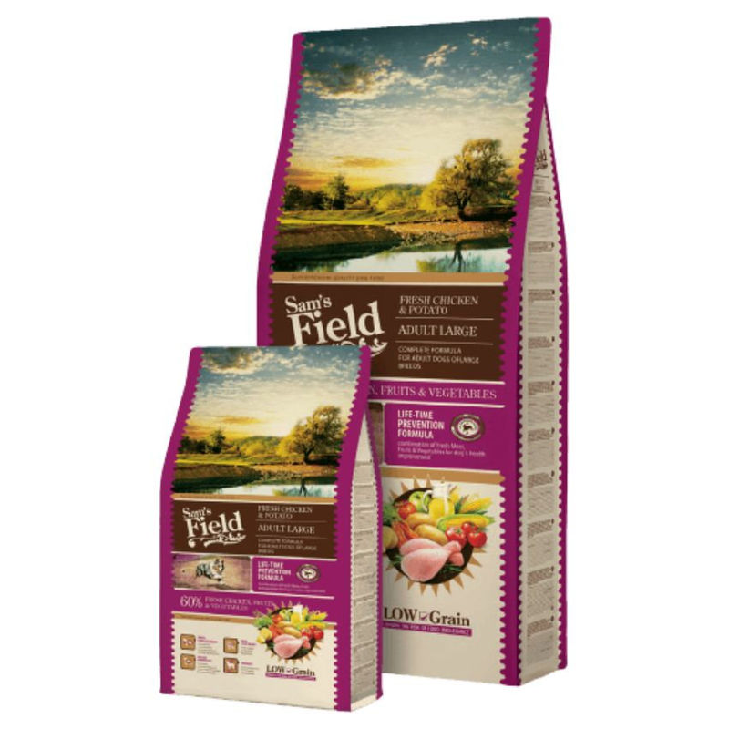 Пълноценна суха храна за кучета от големи породи Sam’s Field Dog Fresh Chicken and Potato ADULT LARGE с 60% пилешко месо и зеленчуци 2.5 кг.