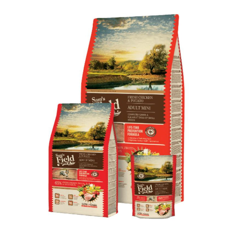 Пълноценна суха храна за кучета от малки породи Sam’s Field Dog Fresh Chicken and Potato ADULT MINI с 65% пилешко месо и зеленчуци 2.5 кг.