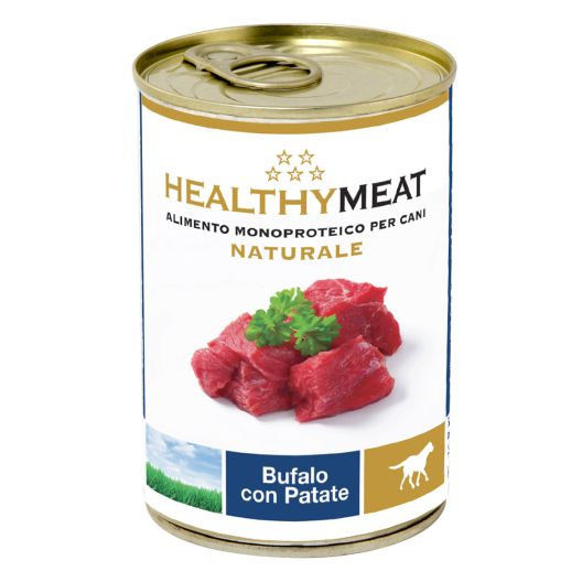 Консервирана храна за кучета HEALTHY MEAT MONO BITS DOG – buffalo and potatoes – 100% чист протеин от биволско и картофи  400г 0.400 кг.