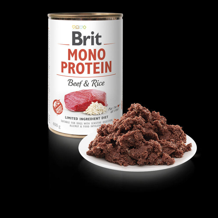 BRIT MONO PROTEIN BEEF&RICE – консеврирана кучешка храна с телешко и ориз 0.400 кг.