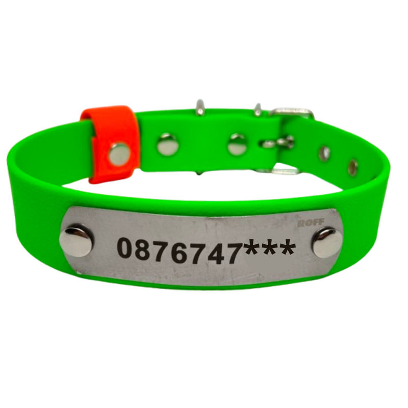 Неоново зелена каишка с име и телефонен номер 2