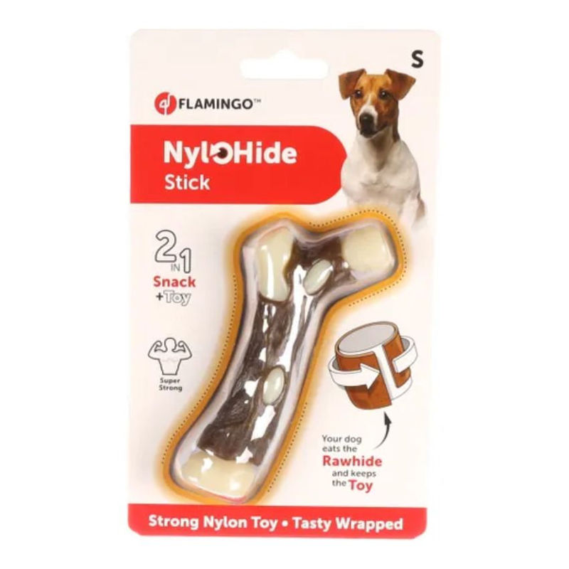 Кучешка играчка 2 в 1 Flamingo Nyl’o’hide stick  обвита в пресована кожа микс 2