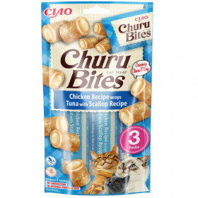 Лакомство за капризни котки Churu Cat Treats Bites Chicken Recipe wraps Tuna with Scallop Pill Assist хапки с мус от риба тон и дълбоководни океански миди 3×10гр.
