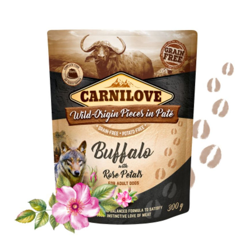 Натурална мокра храна за кучета Carnilove Dog Pouch Paté Buffalo with Rose Petals с Биволско месо и розови листенца, БЕЗ ЗЪРНЕНИ КУЛТУРИ 0.300 кг.