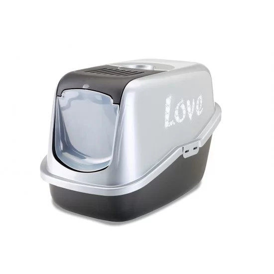 Savic Nestor Impression - затворена котешка тоалетна, цвят сребро-черно, щампа Love 56х39х38.5 см