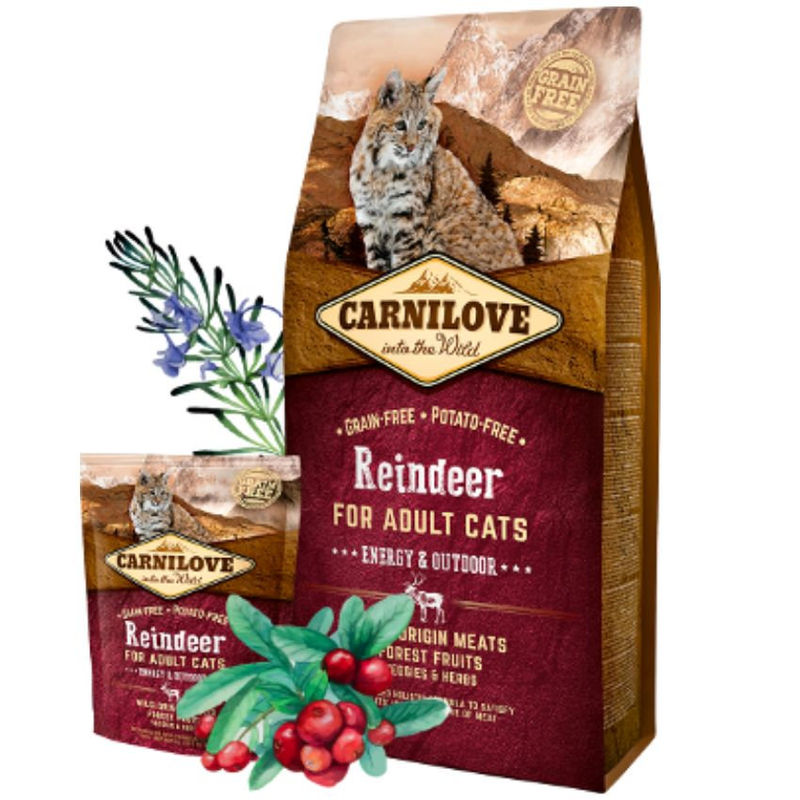 Пълноценна суха храна за котки с достъп до външна среда Carnilove Raineder Adult Cats-Energy&Outdoor с 28% месо от елен,28% месо от глиган , плодове и зеленчуци