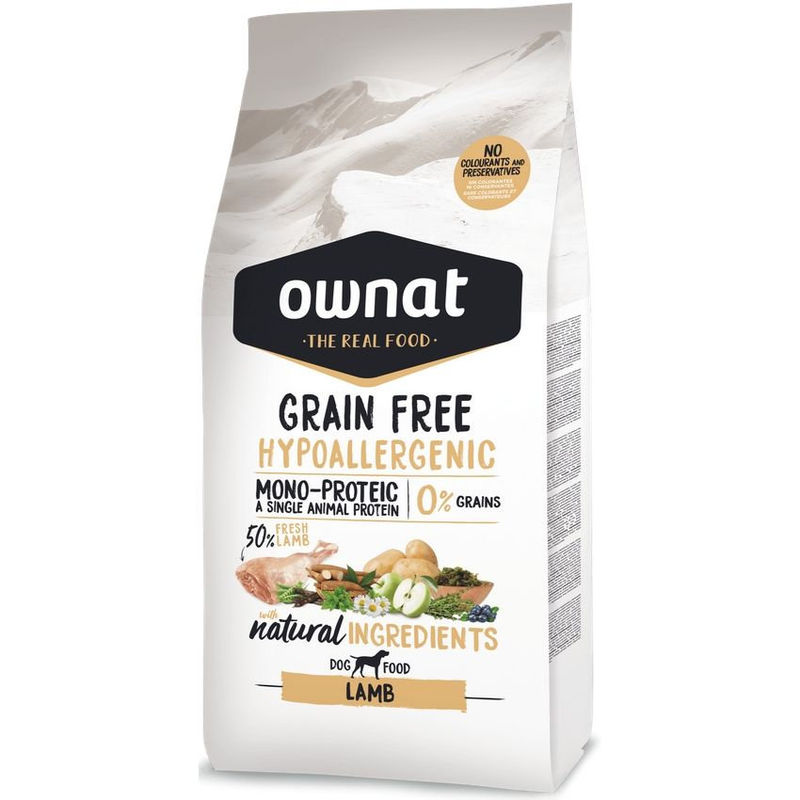 Натурална суха храна OWNAT GRAIN FREE HYPOALLERGENIC LAMB MONOPROTEIN хипоалергенна формула БЕЗ зърнени култури, с 50% агнешко месо 12 кг.