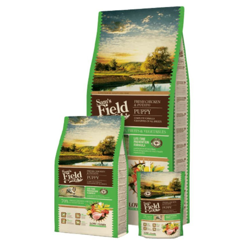 Пълноценна суха храна за малки кученца от всички породи SAM’S FIELD DOG Fresh Chicken & Potato Puppy с 60% пилешко месо и зеленчуци 2.5 кг.