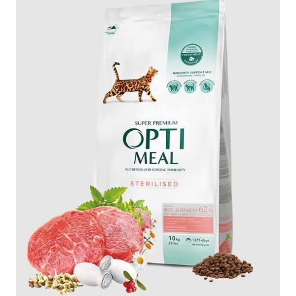 OPTIMEAL CAT ADULT STERILISED WITH BEEF AND SORGHUM Супер премиум храна за кастрирани котки с говеждо месо и сорго 8