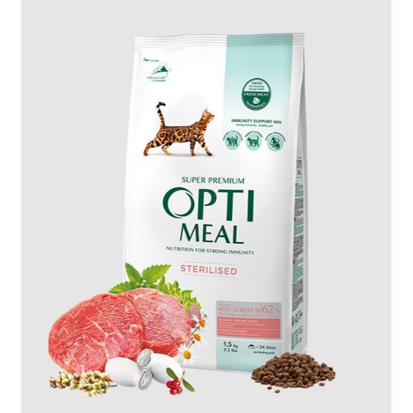OPTIMEAL CAT ADULT STERILISED WITH BEEF AND SORGHUM Супер премиум храна за кастрирани котки с говеждо месо и сорго 9