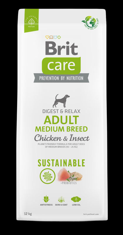 Brit Care Dog Sustainable Adult Medium Breed Chicken&Insect- Супер премиум суха храна за кучета от средните породи. С високоусвоим протеин от насекоми и пилешко месо 12 кг.