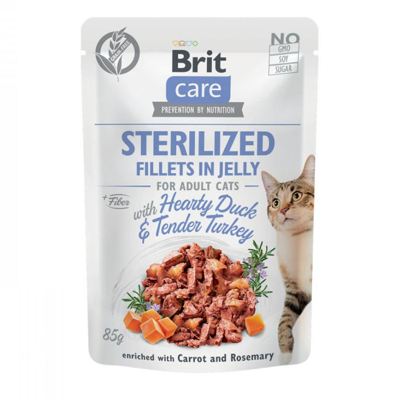 Пауч за кастрирани котки Brit Care Cat Pouch STERILIZED Hearty Duck & Tender Turkey in Jelly с Патешко и Пуешко месо, обогатен с морков и розмарин, БЕЗ ЗЪРНЕНИ КУЛТУРИ 85 гр.