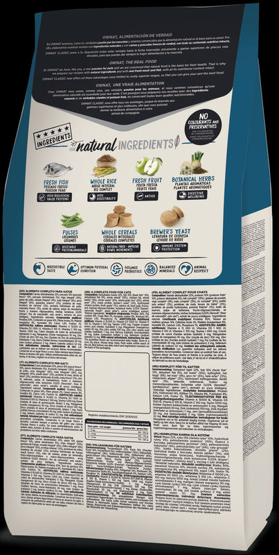 Натурална суха храна Ownat Classic FISH с прясна океанска риба и пилешко, за пораснали котки  1.5 кг.