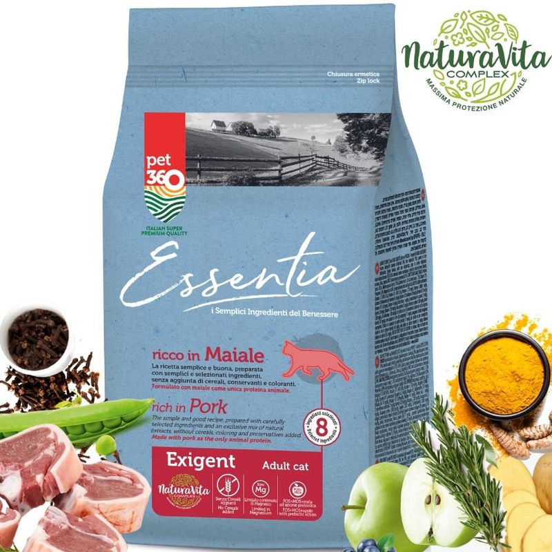 Супер премиум храна за котки Essentia EXIGENT, БЕЗ ЗЪРНО, със 74% протеин от прясно свинско месо + куркума и розмарин, за капризни котки 0.300 кг. 2