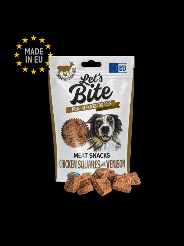 Let’s Bite Meat Snacks. Chicken Squares with Venison – лакомство от истинско месо, кубчета с пилешко и еленско месо 80 гр.