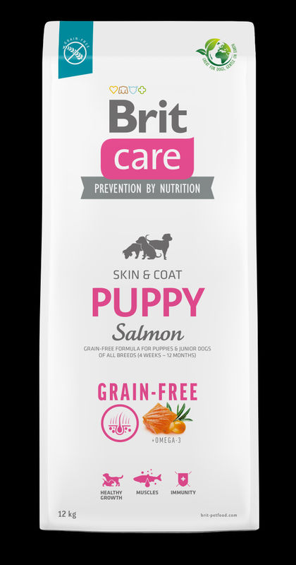 Супер премиум храна за подрастващи кученца Brit Care Dog Grain-free Puppy Salmon, Skin and Coat БЕЗ ЗЪРНЕНИ КУЛТУРИ, със сьомга, за здравословно развитие и подпомагане на имунитета 12 кг.