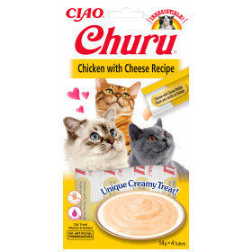 Кремообразно лакомство за капризни котки Churu Cat Treats Chicken with Cheese Recipe мус от пилешко месо и сирене 4×14гр.